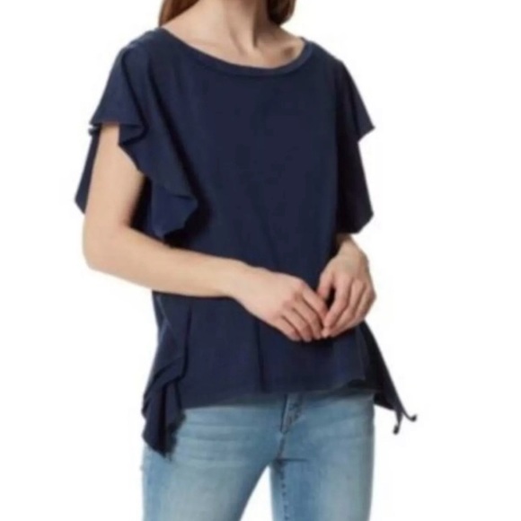 Frayed Jeans Flutter Sleeve Ruffle Top - Picture 1 of 9